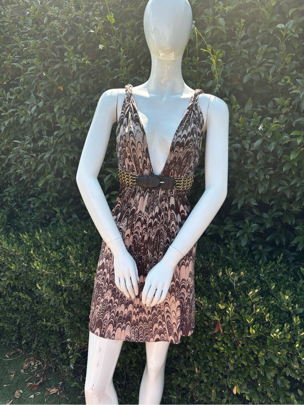 Y2K Silk Mini Brown and Cream Plunging V-Neck Dress with waist belt